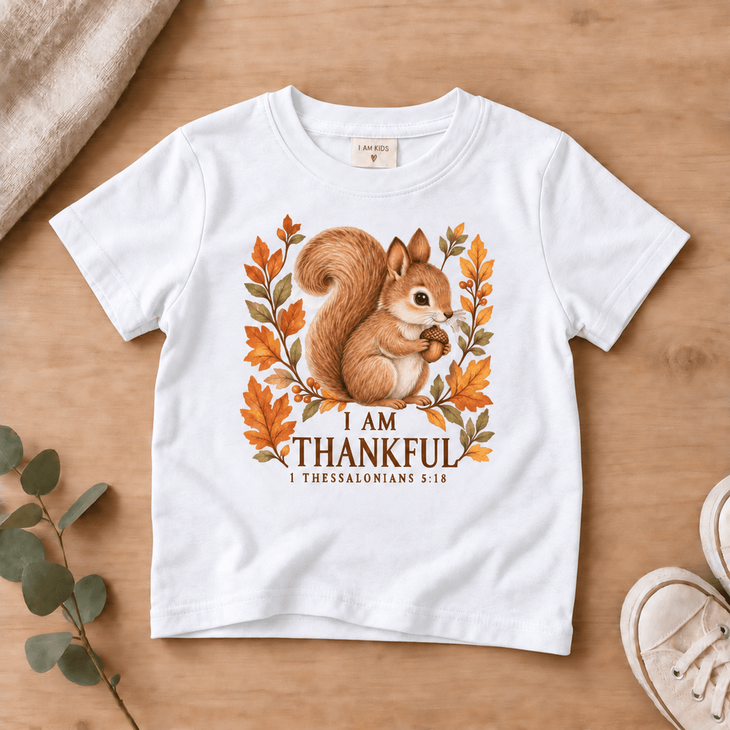 I Am Thankful Woodland Squirrel Kids’ Tee | Fall Friends Collection Christian scripture shirt - I AM Kids