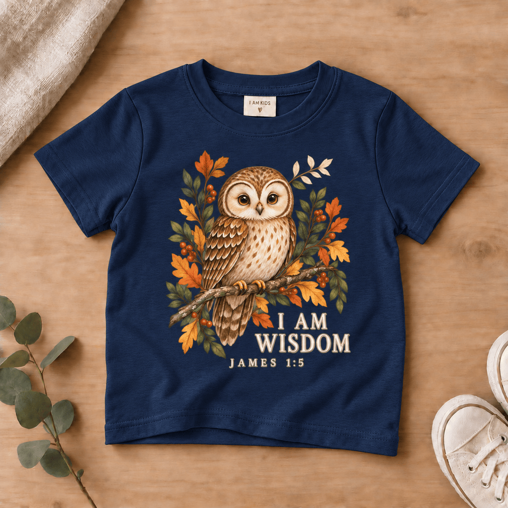 I Am Wisdom Woodland Owl Kids’ Tee | Fall Friends Collection Christian scripture shirt - I AM Kids