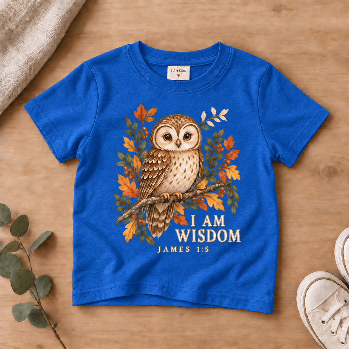 I Am Wisdom Woodland Owl Kids’ Tee | Fall Friends Collection Christian scripture shirt - I AM Kids