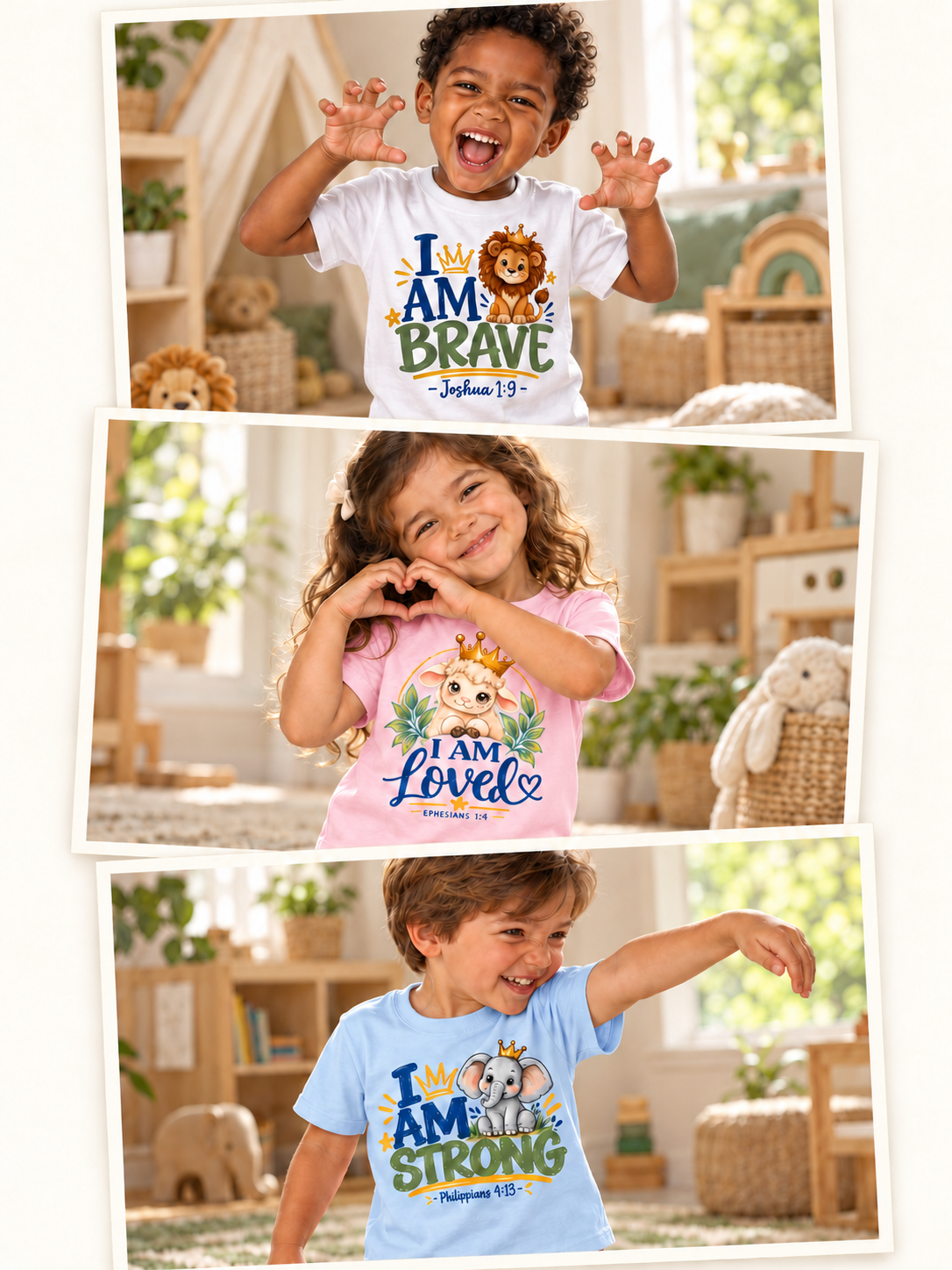 Three children playing in Brave lion, Loved lamb and Strong elephant shirts.