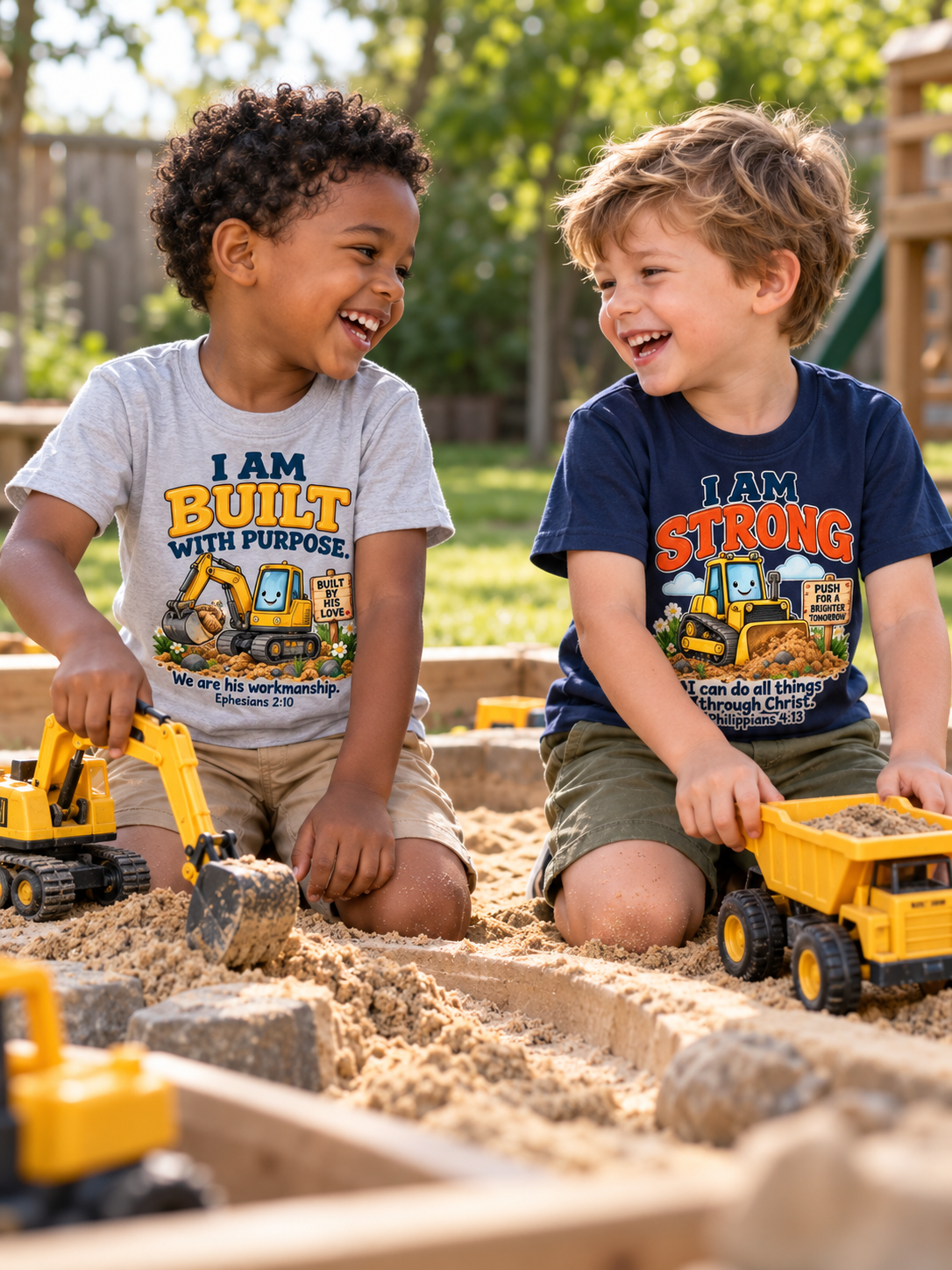 Two boys playing with toy trucks in Scripture construction shirts.