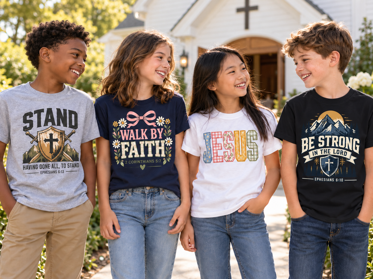 Four older children wearing faith shirts outside a church.