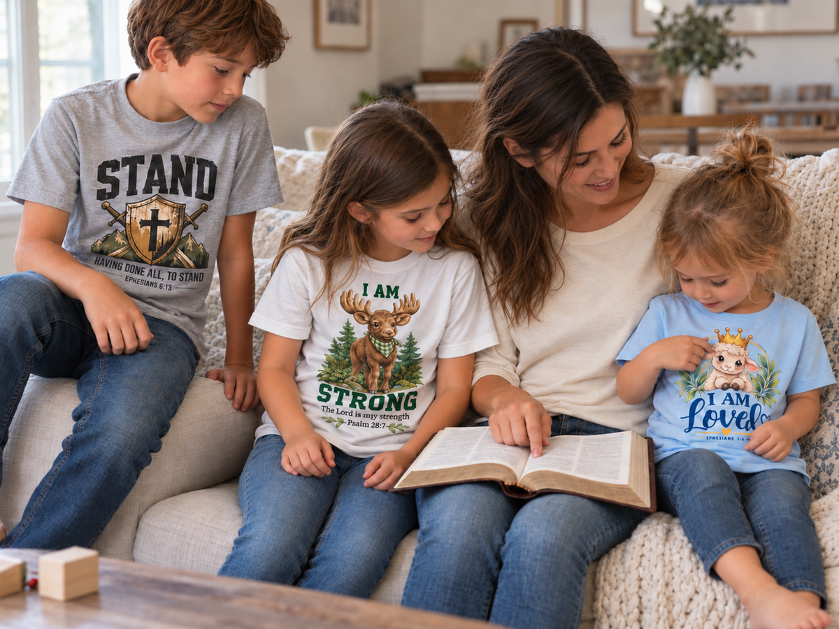 A mother sharing an open Bible with three children wearing STAND, I AM Strong moose, and I AM Loved lamb Scripture shirts.