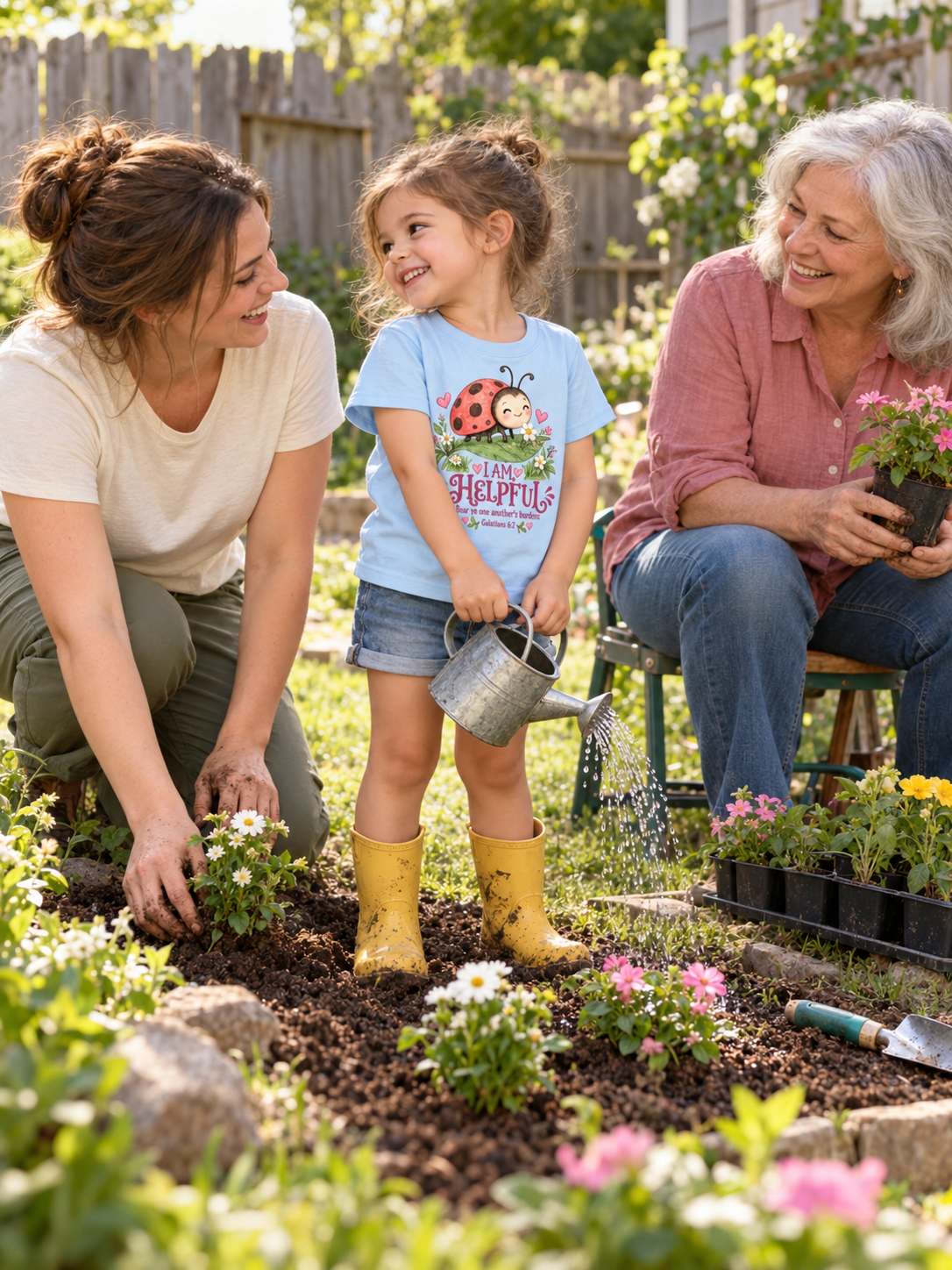 Grandmother, mother and little girl planting and watering flowers together.