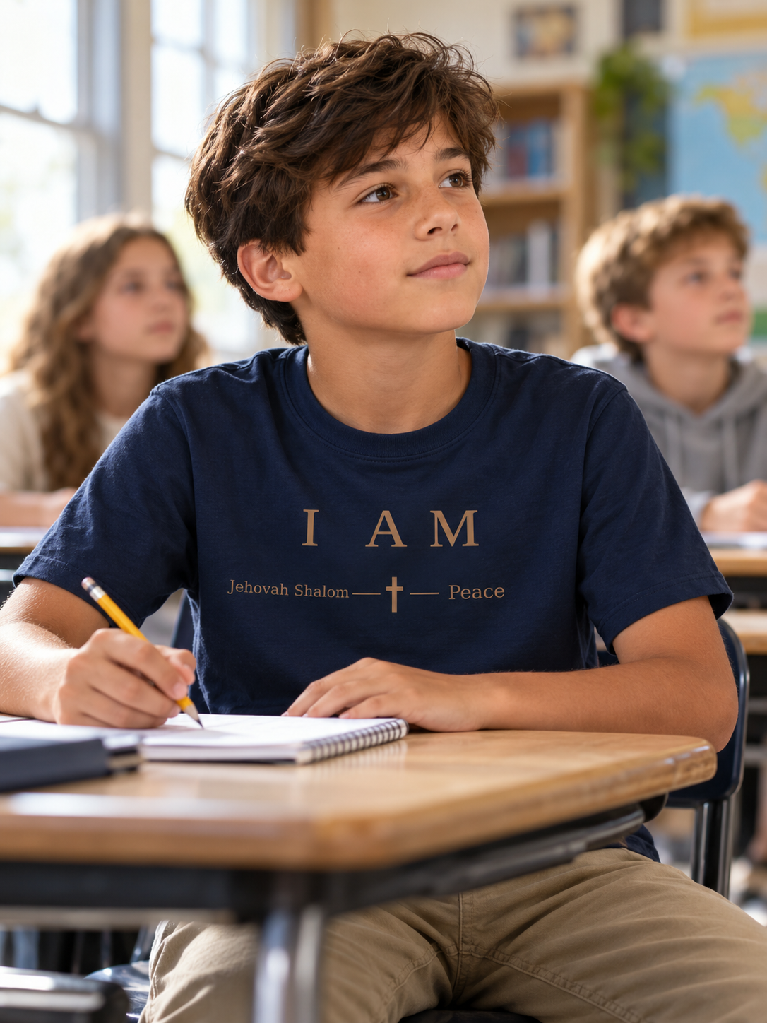 Older child wearing a Jehovah Shalom Peace shirt in a classroom.