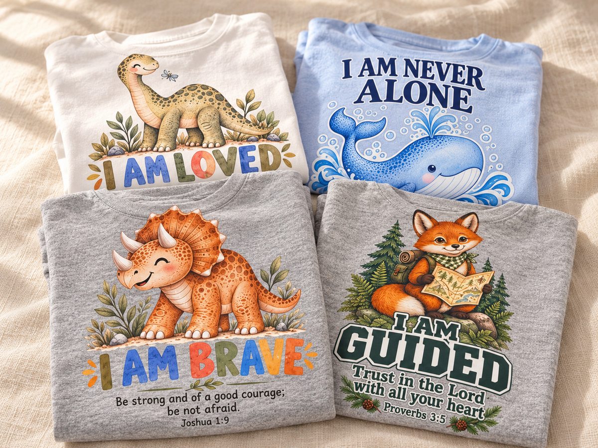 Four folded Scripture shirts from Jonah's Favorites arranged on cream linen.
