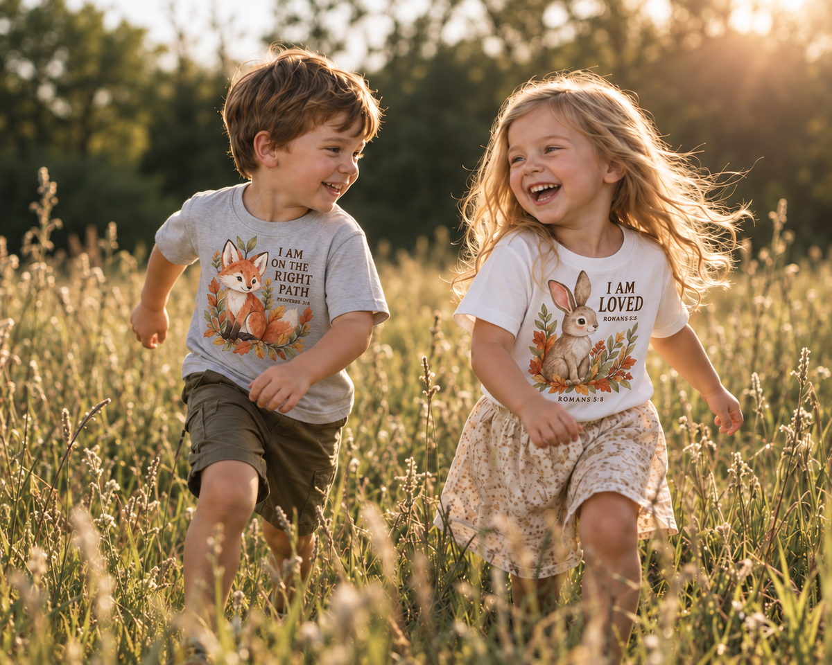 Children wearing the I AM Kids Brand gray woodland fox and white I Am Loved rabbit shirts in a sunlit meadow.