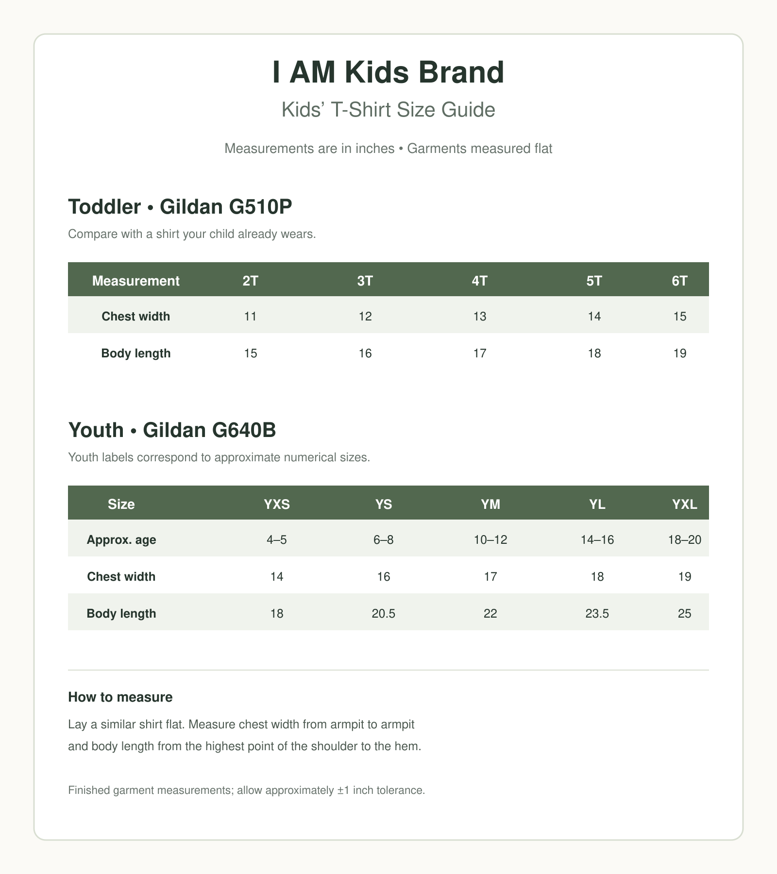 I AM Kids Brand toddler and youth T-shirt size guide