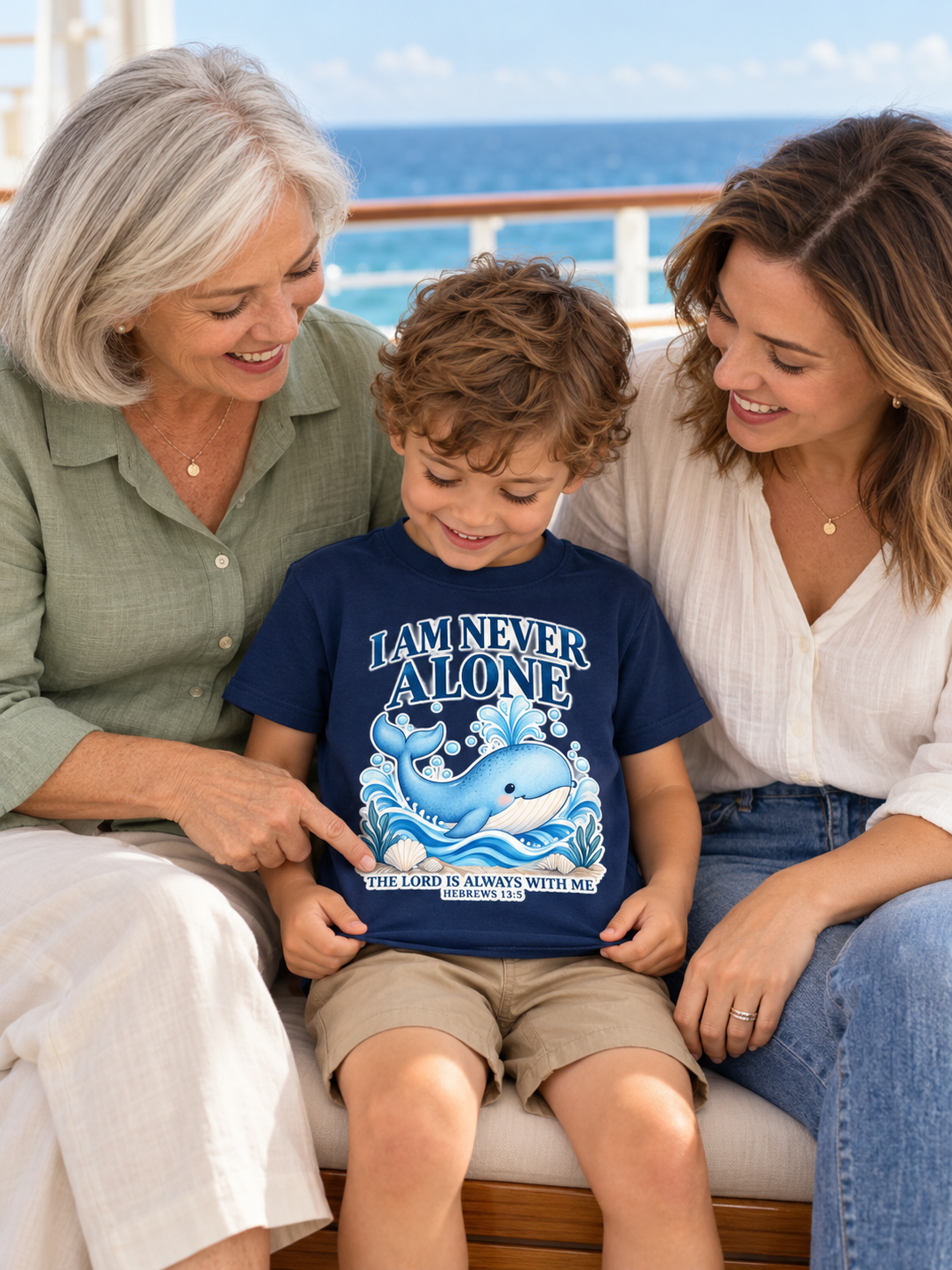 Grandmother, mother and child sharing a moment on a cruise deck.