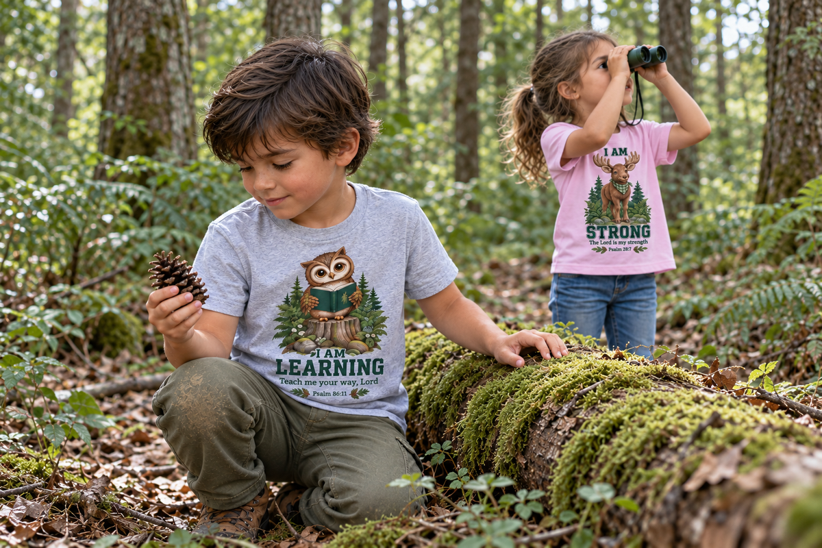 Children exploring the woods in an owl Scripture tee and a pink moose Scripture tee.