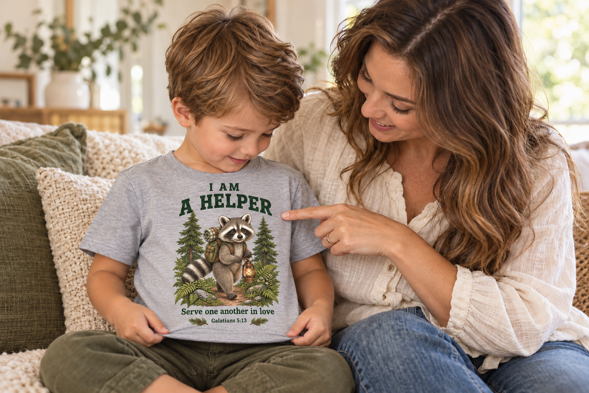 Mother and child reading the words on his I Am a Helper raccoon shirt.