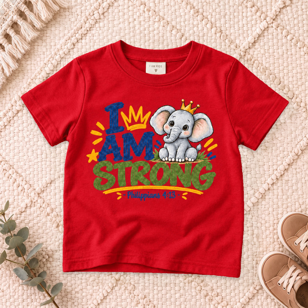 I AM Kids strong design on a Red shirt, shown on a cream rug.