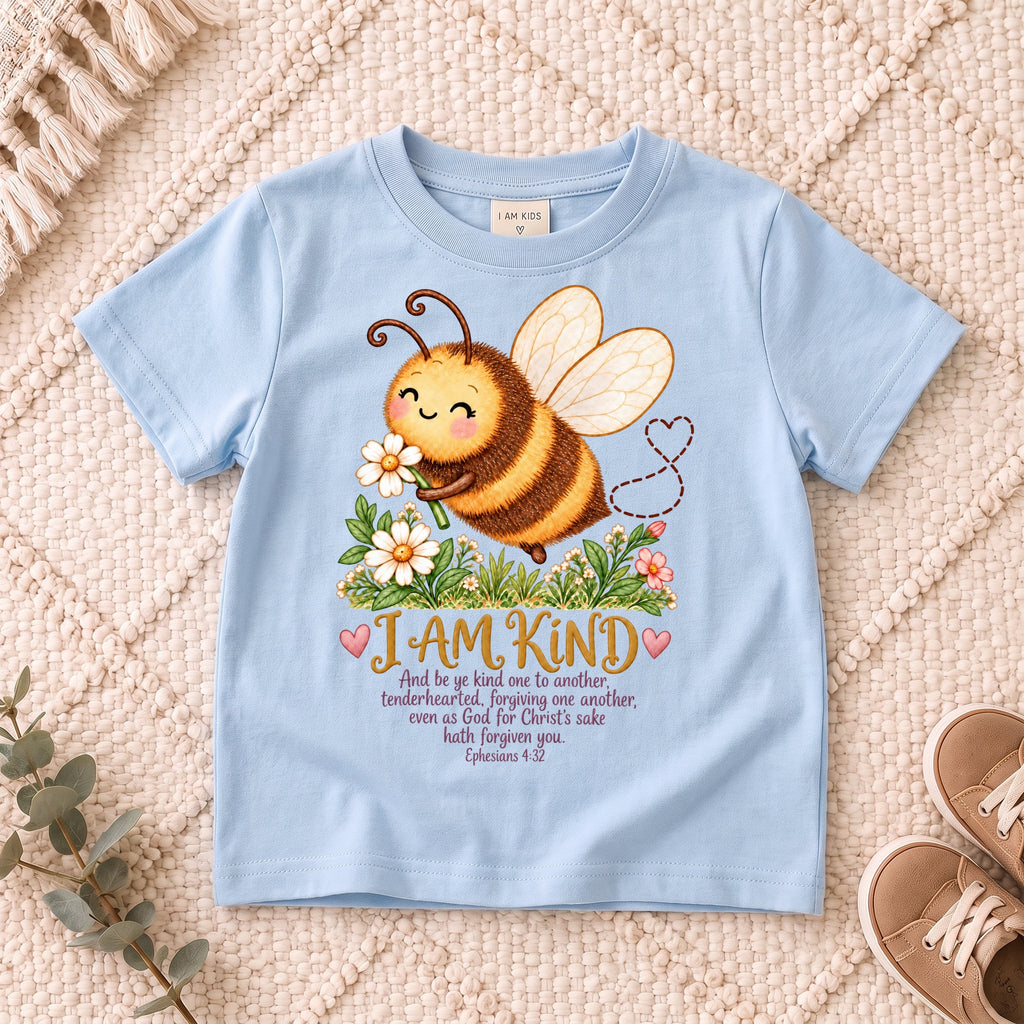 I AM Kids Bee design on a Light Blue shirt, shown on a cream rug.