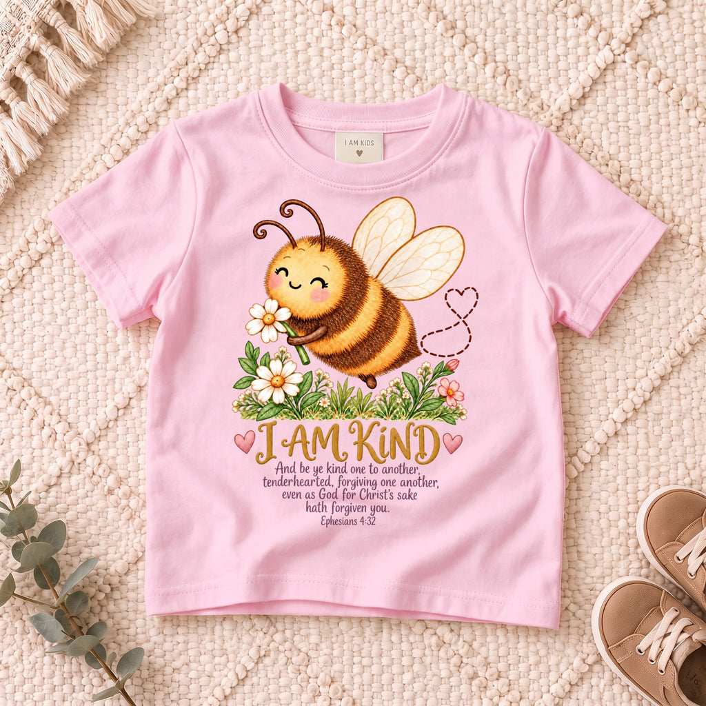 I AM Kids Bee design on a Light Pink shirt, shown on a cream rug.
