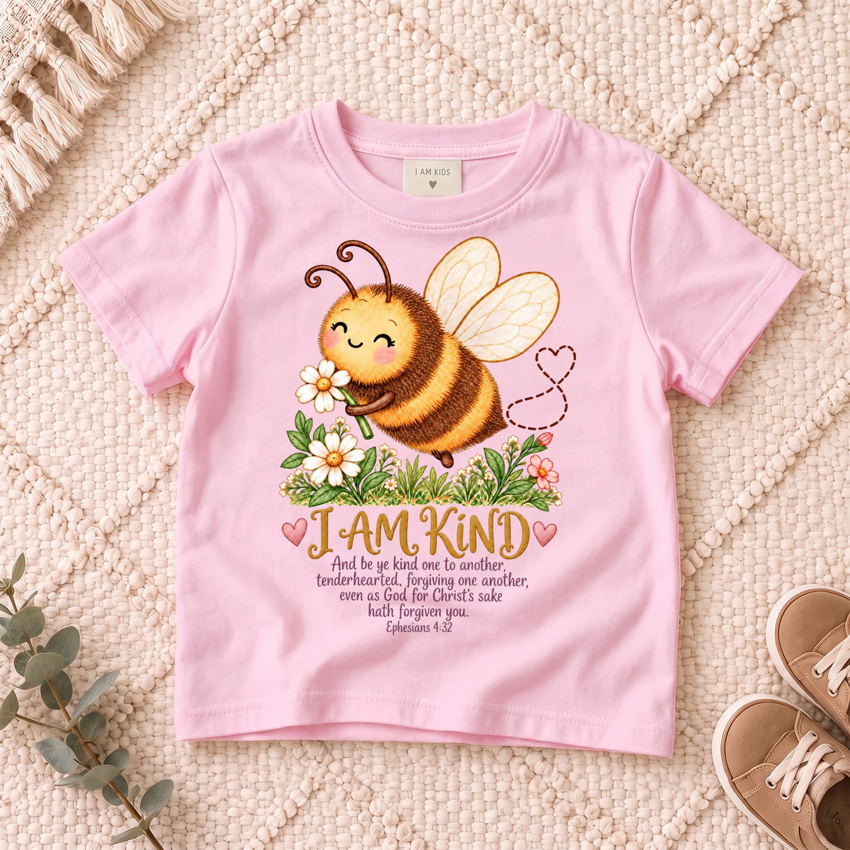 I AM Kids Bee design on a Light Pink shirt, shown on a cream rug.