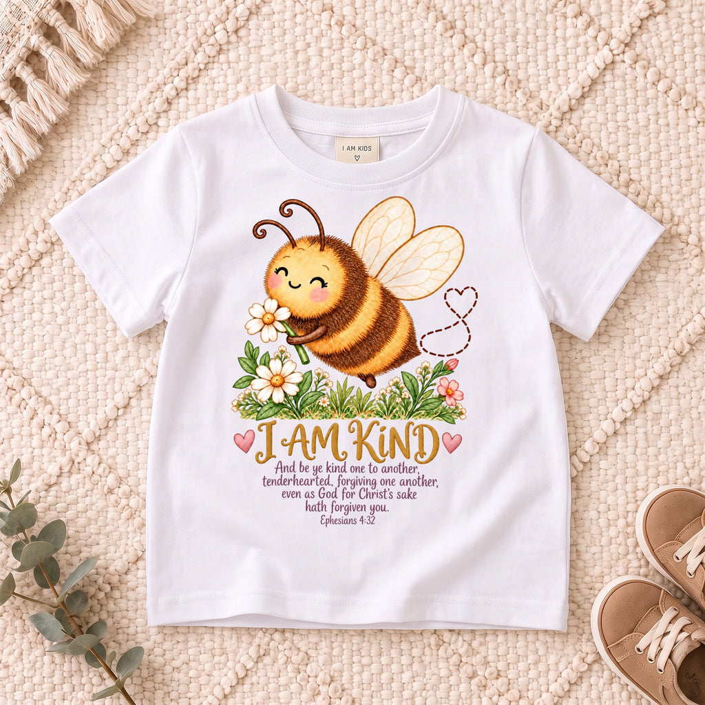 I AM Kids Bee design on a White shirt, shown on a cream rug.