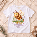 I AM Kids Bee design on a White shirt, shown on a cream rug.