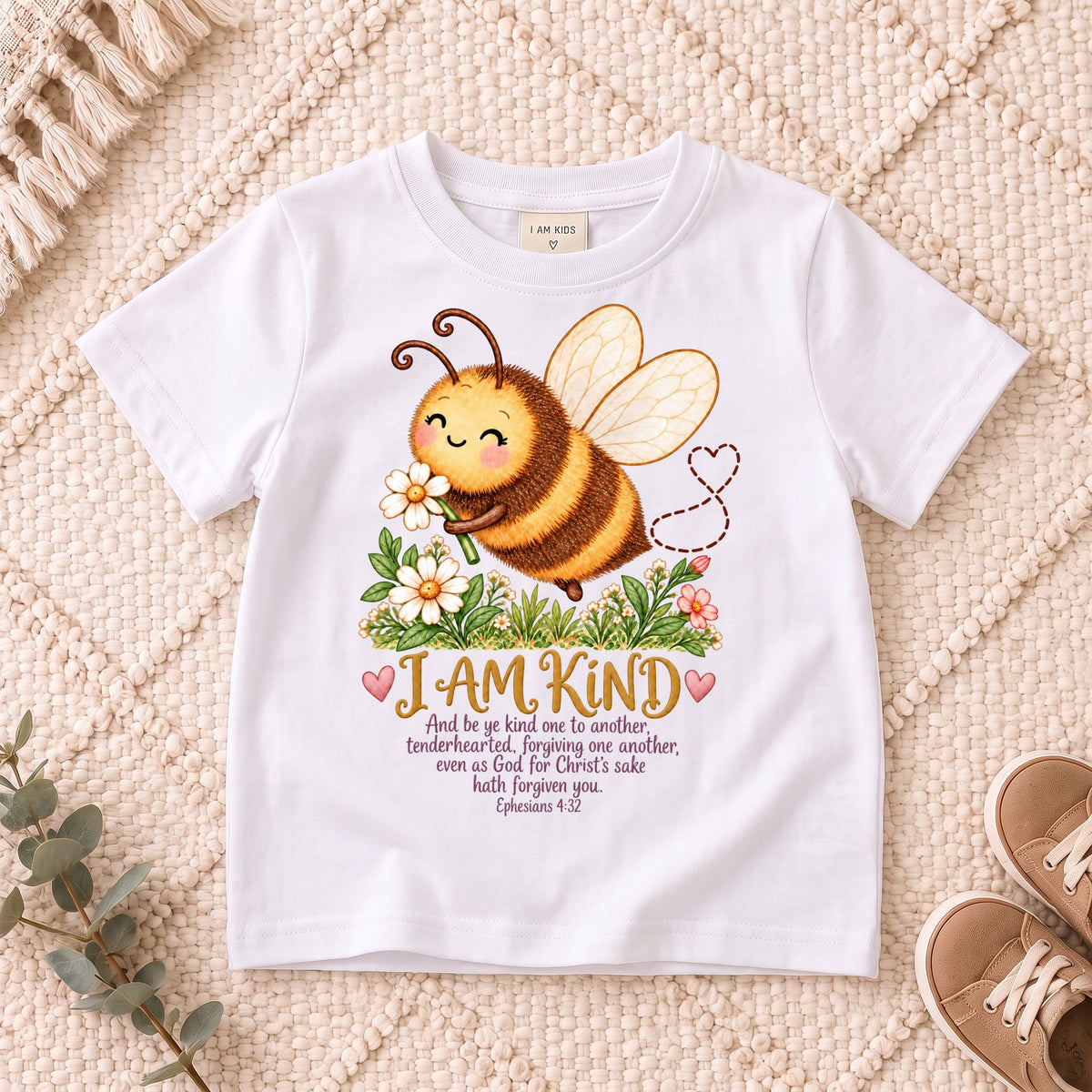 I AM Kids Bee design on a White shirt, shown on a cream rug.
