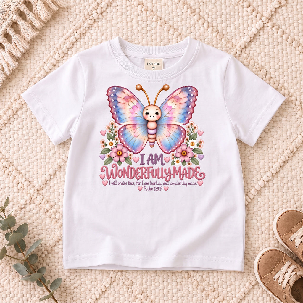 I AM Kids 1Butterfly1 design on a White shirt, shown on a cream rug.