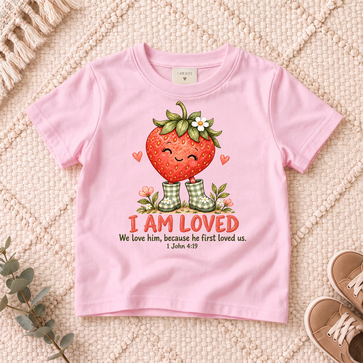 I AM Kids Strawberry design on a Light Pink shirt, shown on a cream rug.