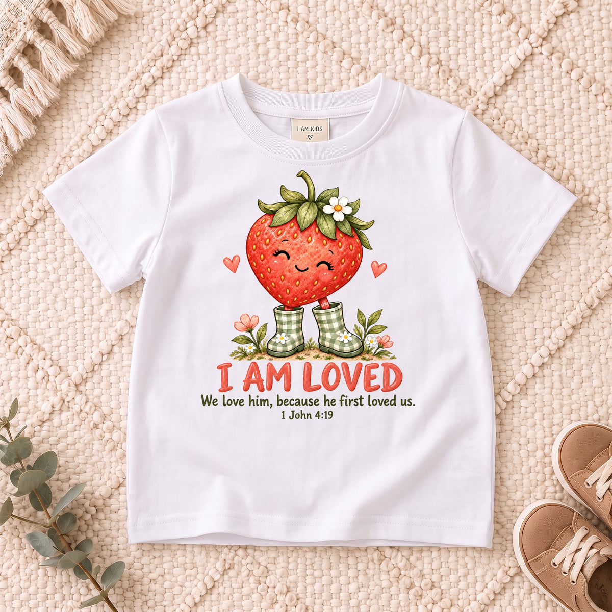 I AM Kids Strawberry design on a White shirt, shown on a cream rug.