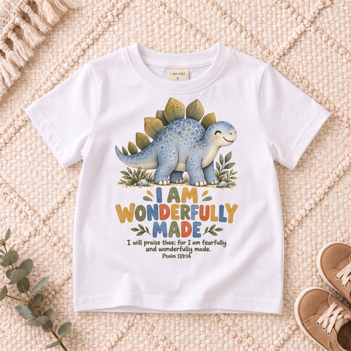 I AM Kids dino wonderful design on a White shirt, shown on a cream rug.