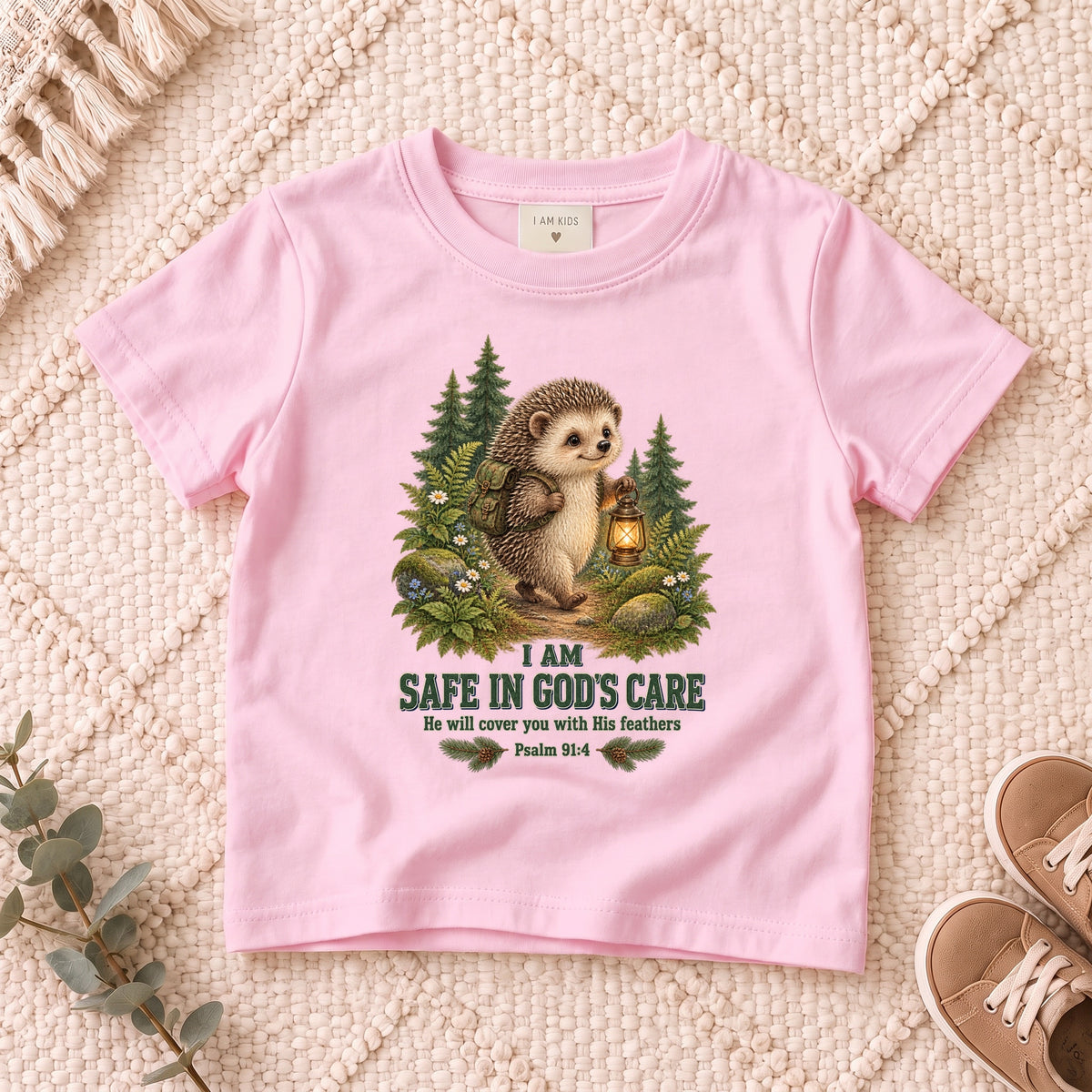 I AM Kids hedge design on a Light Pink shirt, shown on a cream rug.
