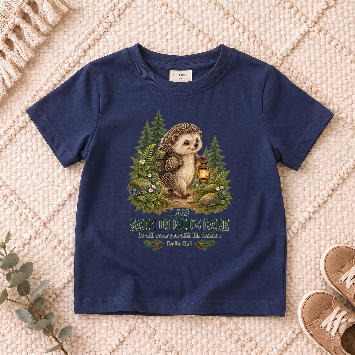 I AM Kids hedge design on a Navy shirt, shown on a cream rug.