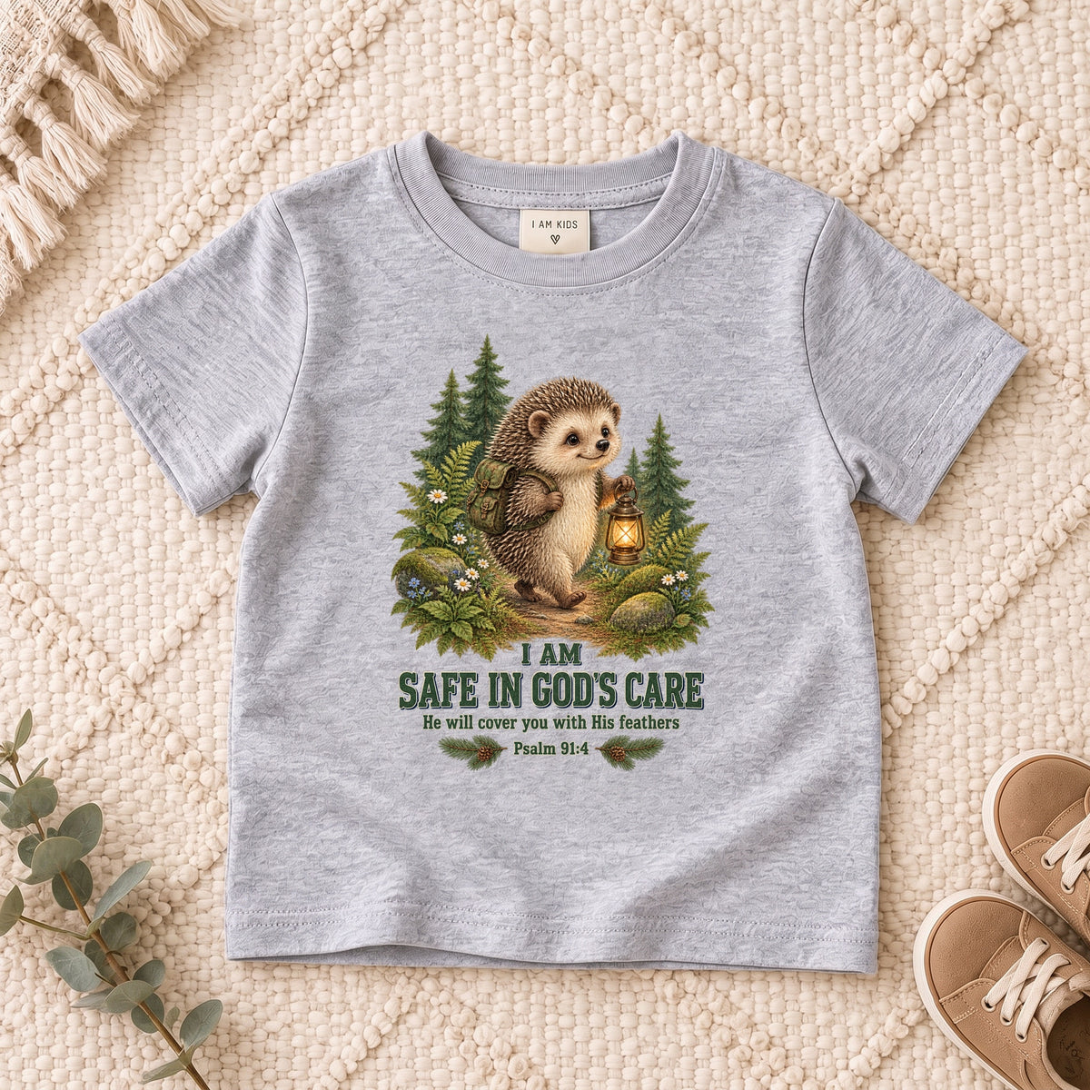 I AM Kids hedge design on a Sport Grey shirt, shown on a cream rug.