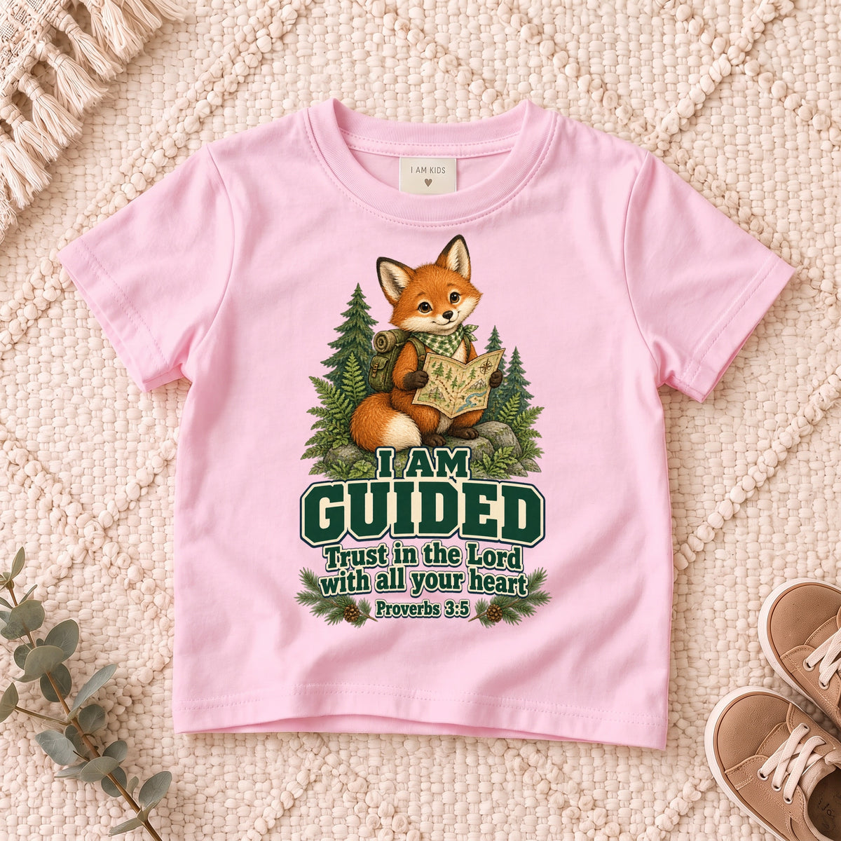 I AM Kids fox design on a Light Pink shirt, shown on a cream rug.