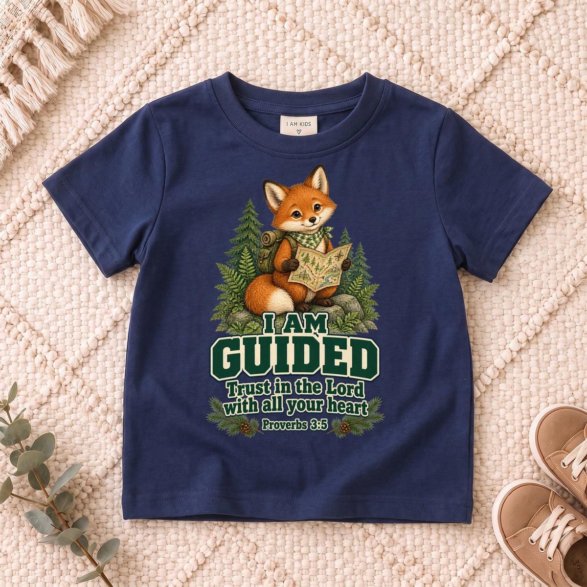 I AM Kids fox design on a Navy shirt, shown on a cream rug.