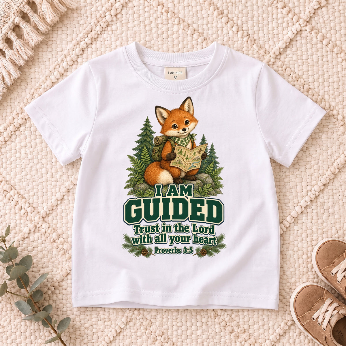 I AM Kids fox design on a White shirt, shown on a cream rug.