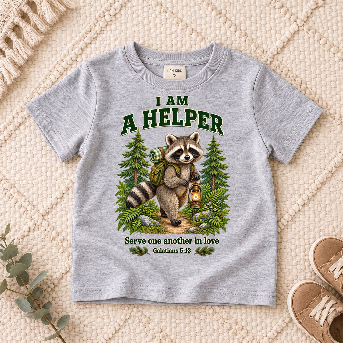 I AM Kids helper design on a Sport Grey shirt, shown on a cream rug.