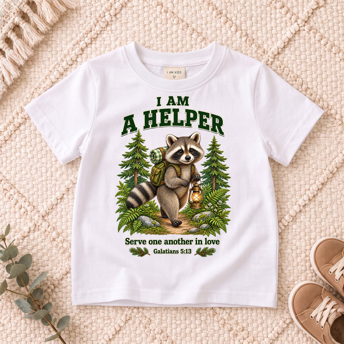 I AM Kids helper design on a White shirt, shown on a cream rug.