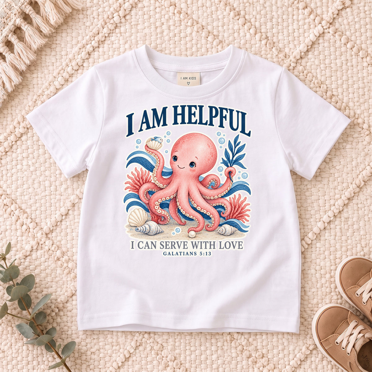 I AM Kids octopus design on a White shirt, shown on a cream rug.