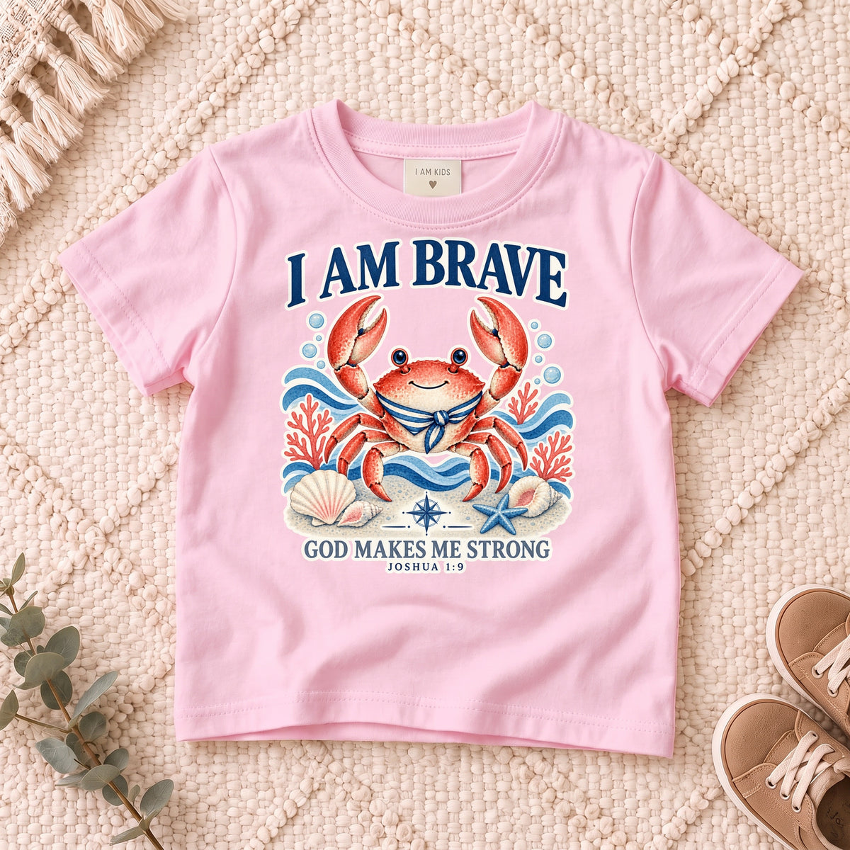 I AM Kids crab design on a Light Pink shirt, shown on a cream rug.