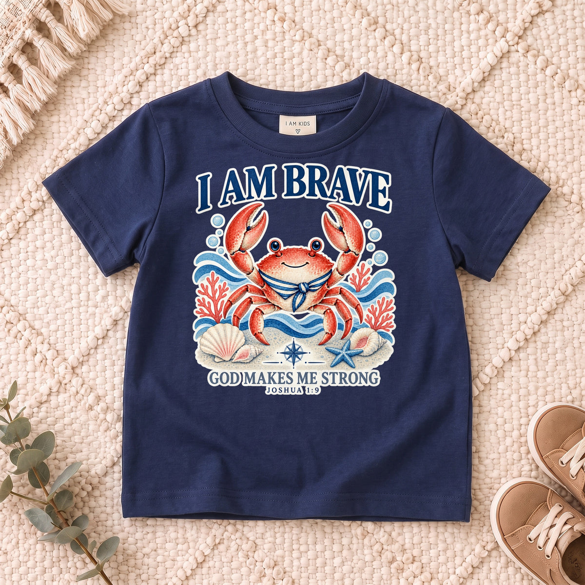 I AM Kids crab design on a Navy shirt, shown on a cream rug.