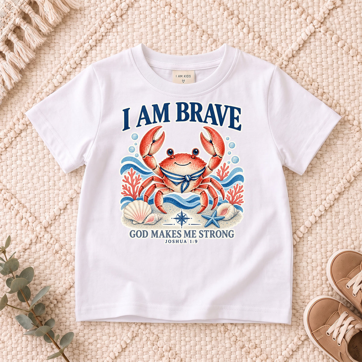 I AM Kids crab design on a White shirt, shown on a cream rug.
