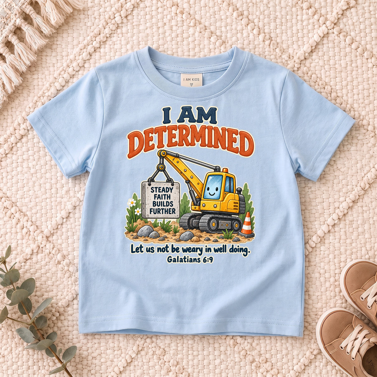 I AM Kids determined truck design on a Light Blue shirt, shown on a cream rug.