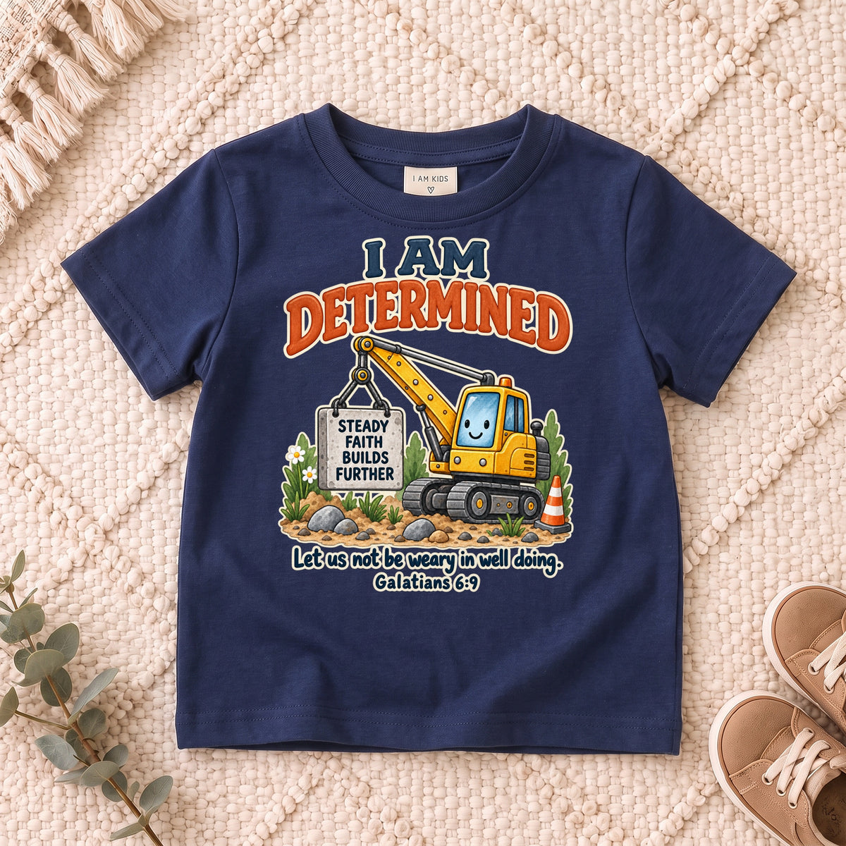 I AM Kids determined truck design on a Navy shirt, shown on a cream rug.