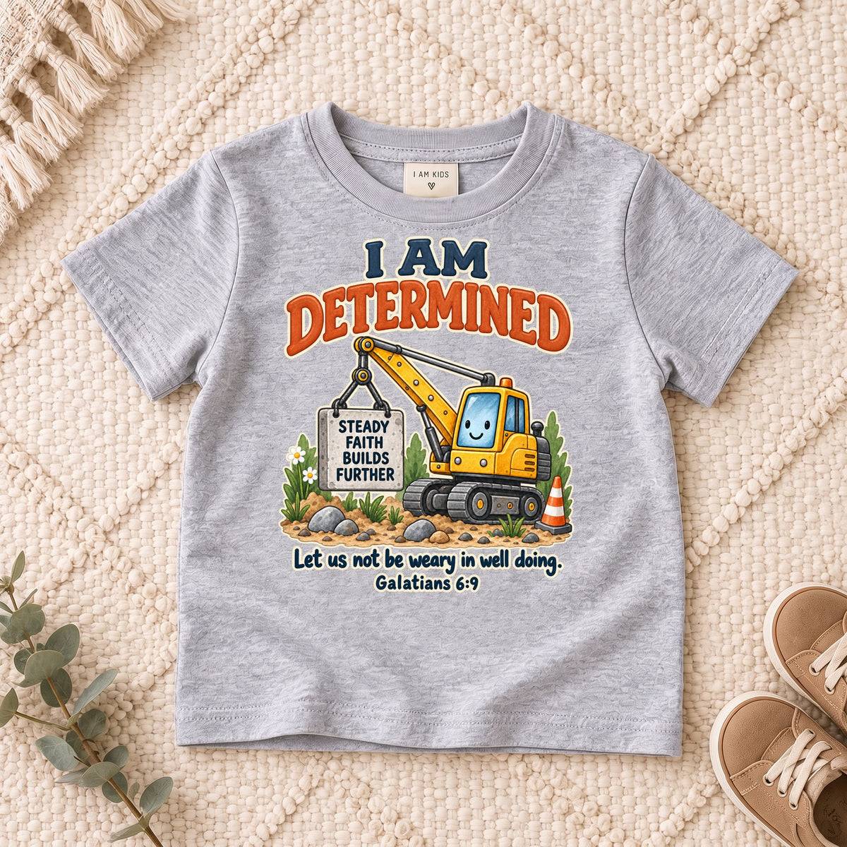 I AM Kids determined truck design on a Sport Grey shirt, shown on a cream rug.