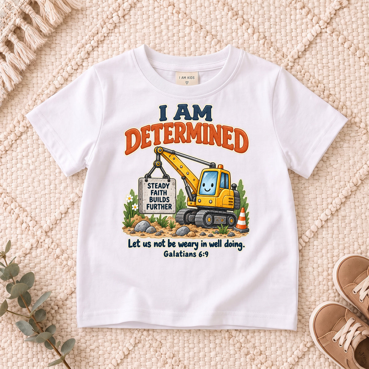 I AM Kids determined truck design on a White shirt, shown on a cream rug.