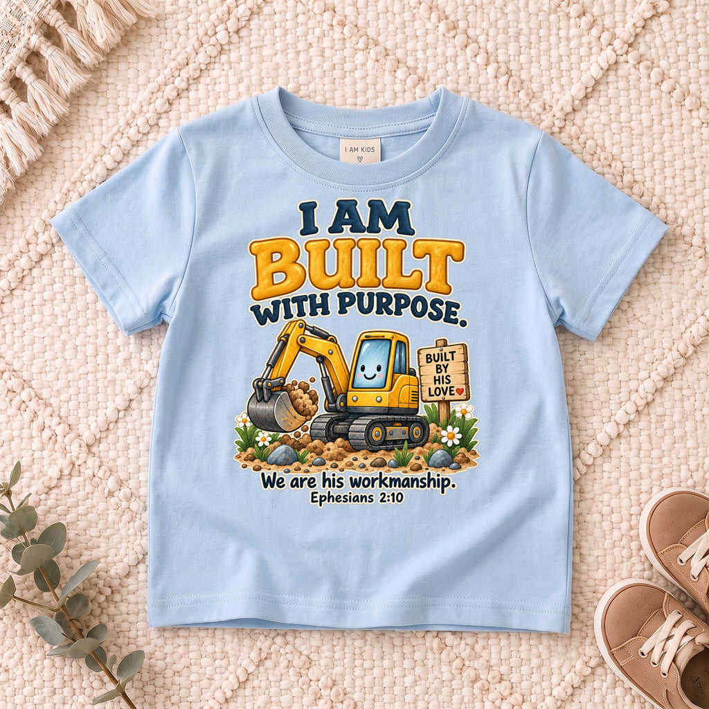 I AM Kids built truck design on a Light Blue shirt, shown on a cream rug.
