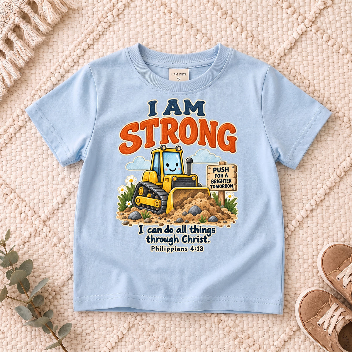 I AM Kids strong truck design on a Light Blue shirt, shown on a cream rug.