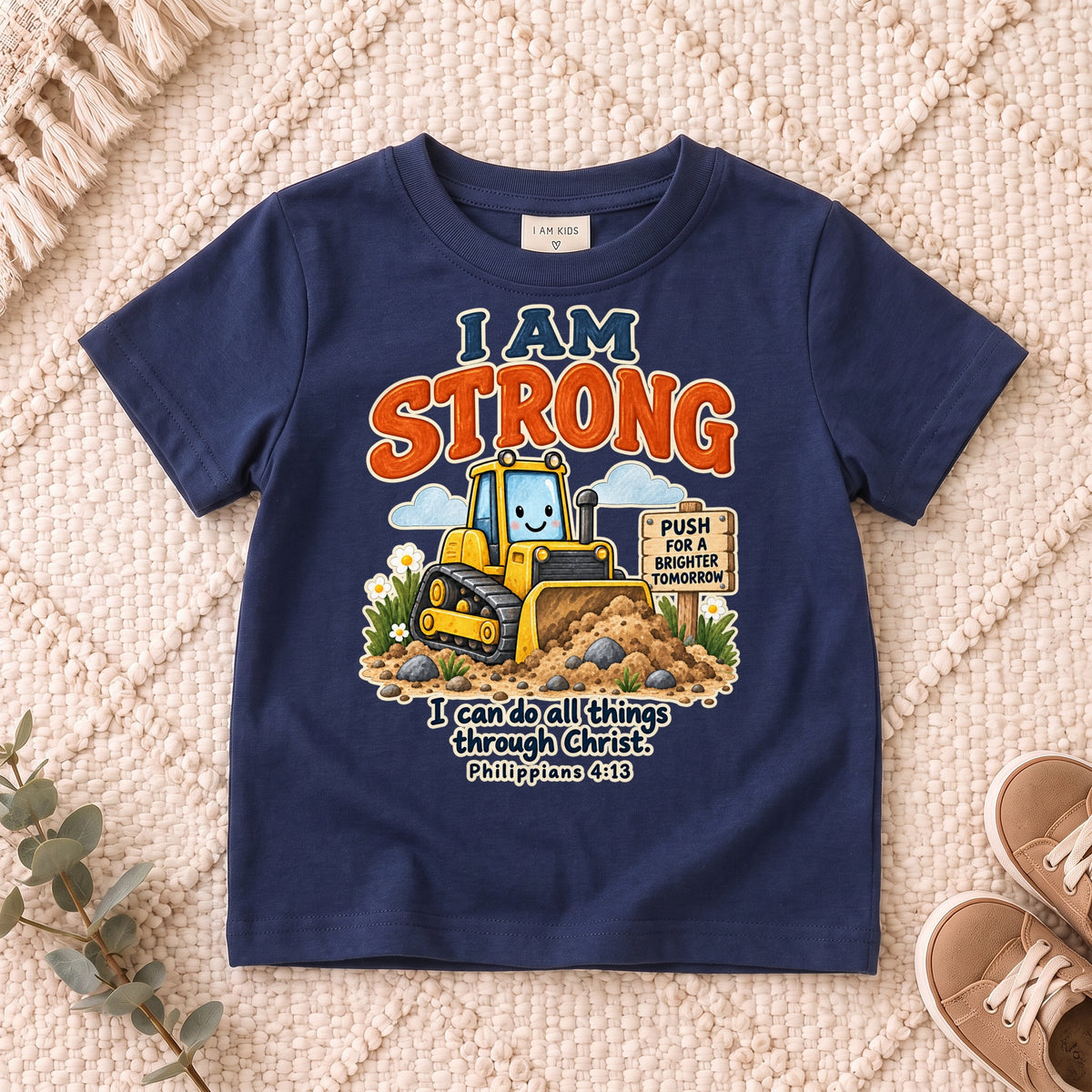 I AM Kids strong truck design on a Navy shirt, shown on a cream rug.