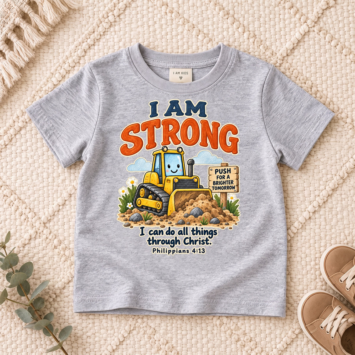 I AM Kids strong truck design on a Sport Grey shirt, shown on a cream rug.