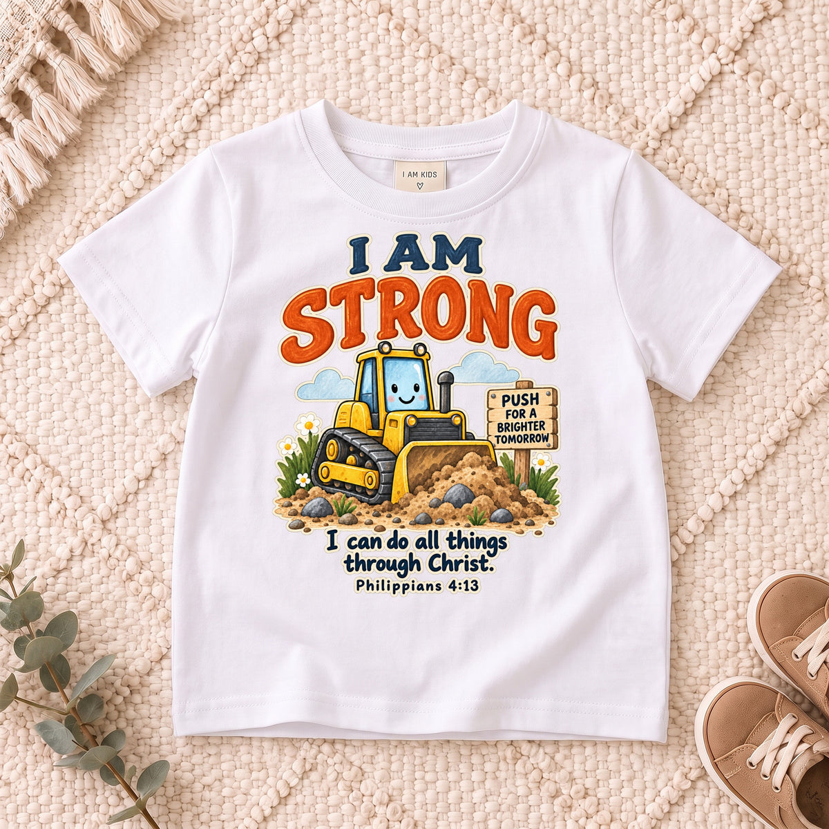 I AM Kids strong truck design on a White shirt, shown on a cream rug.