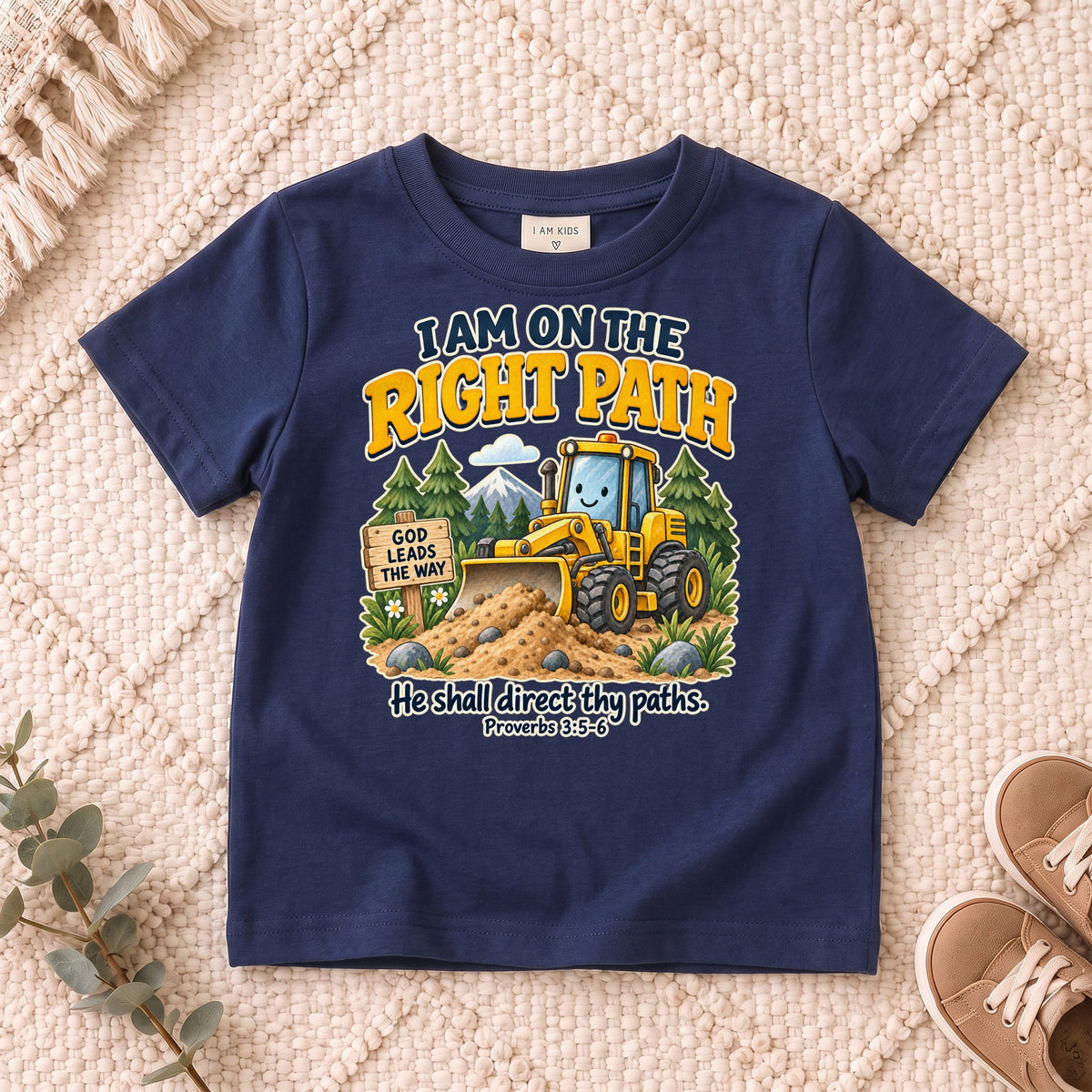 I AM Kids truck path design on a Navy shirt, shown on a cream rug.