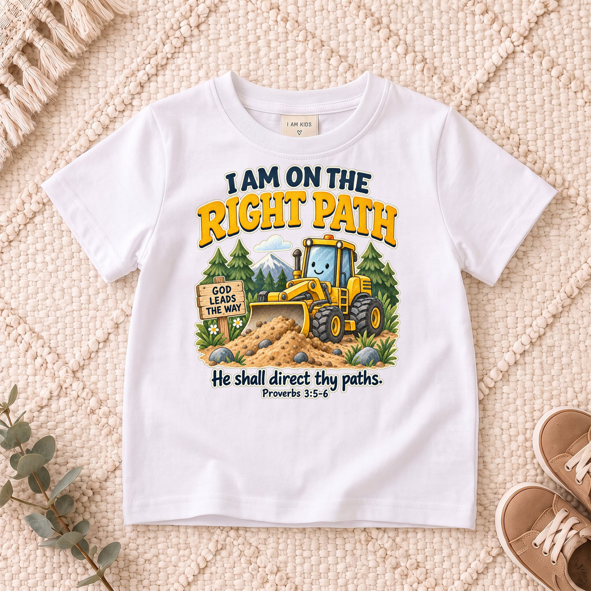 I AM Kids truck path design on a White shirt, shown on a cream rug.