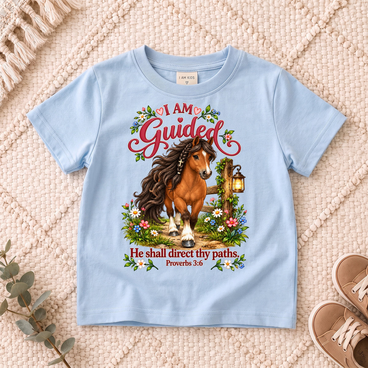 I AM Kids Horse Guided design on a Light Blue shirt, shown on a cream rug.